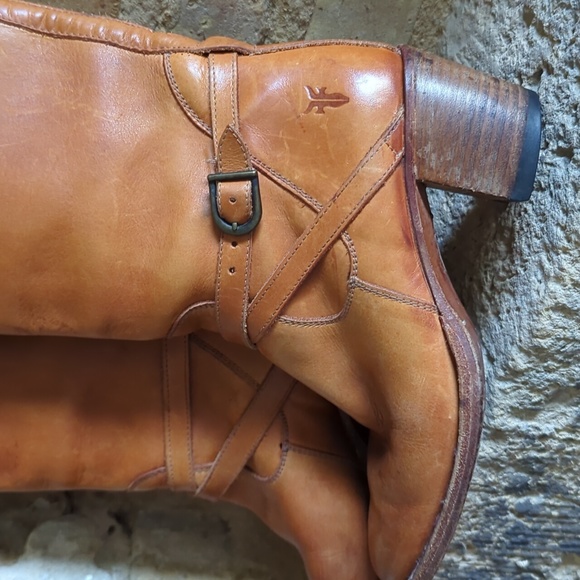 FRYE I Vintage Genuine Goodyear Welt Tall Cognac Leather Boots with Buckles, 5.5 - Picture 9 of 16